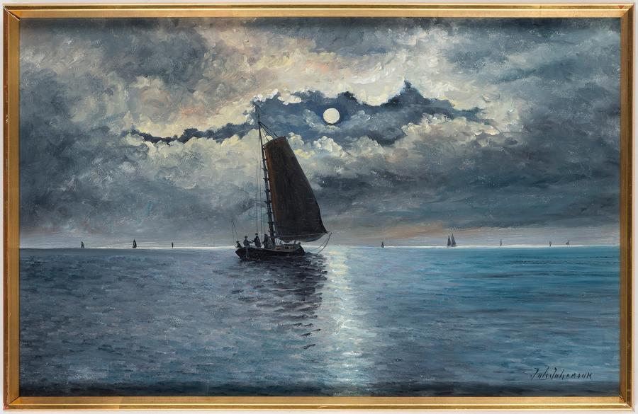 JOH JOHANSON, moon lit sailing boat at sea.