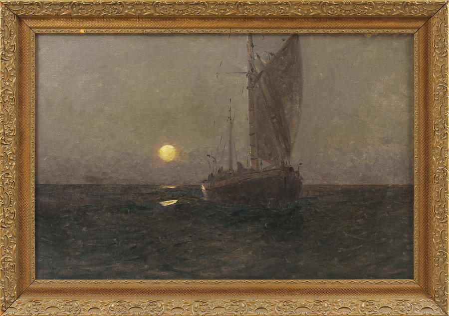Moon lit boat at sea, oil on canvas